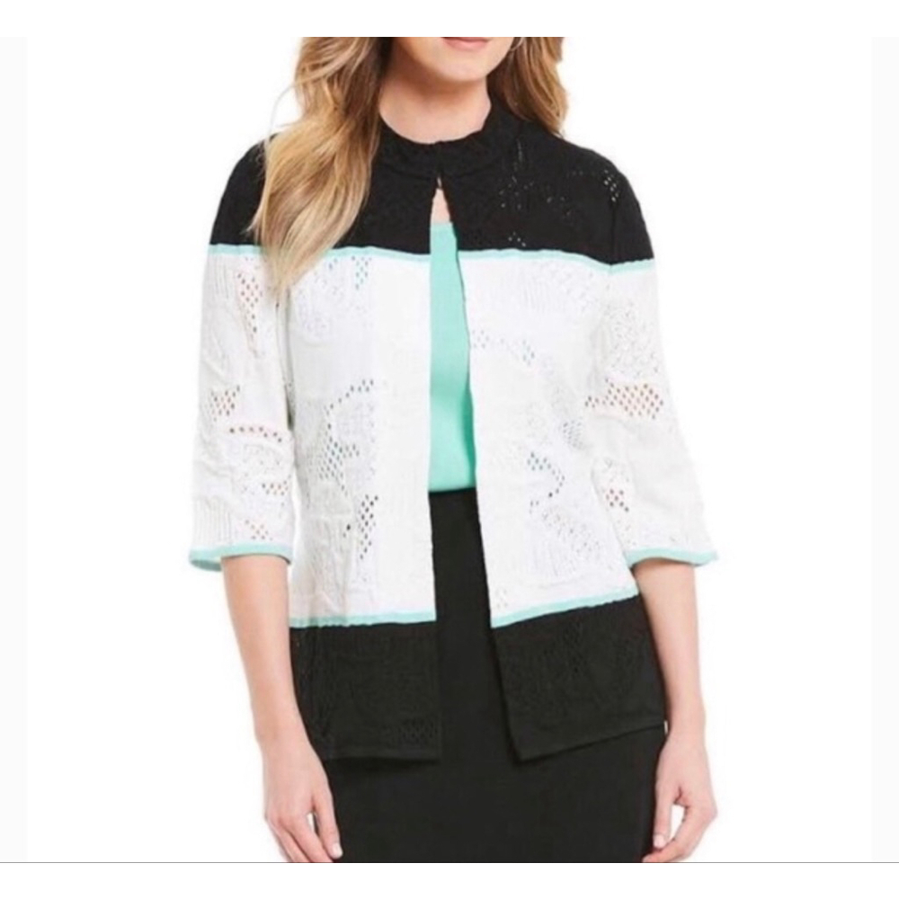 Women's MING WANG Cardigan XL Black White‎ Open Knit Color Block